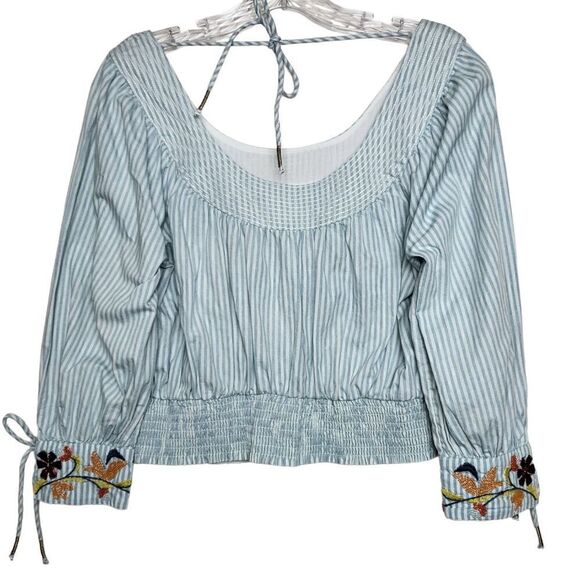 Anthropologie Pinstriped Beaded Embroidered Floral Puff Sleeves Blouse Size XS - Picture 9 of 11